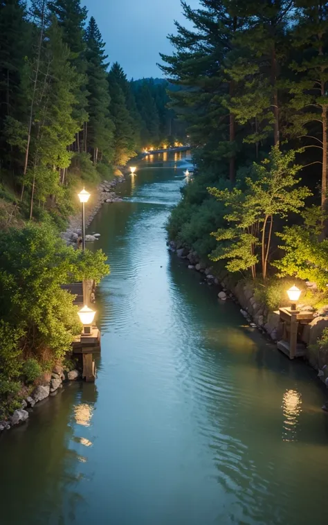 River at night in the middle of the forest. On the shore a little sand