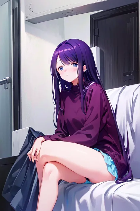 On the sofa、I can see her panties、M-shaped legs、M-shaped leg-shaped legs、Crouching、、I can see her panties、Blushing、Feeling embarrassed、、Semi-long hair、