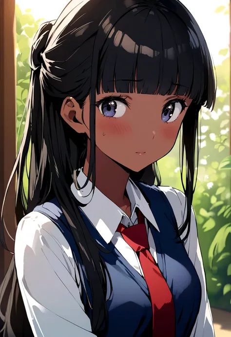 Sunburn、Tan Skin、Embarrassed、1 girl、Navy blue school swimwear,Tie your hair、blunt bangs、Black Hair、super fine illustration,(((beautiful fine hair))),(((beautiful fine face))),(((beautiful fine background))),Midsummer、beachBlack Hair、student、blunt bangs、Cro...