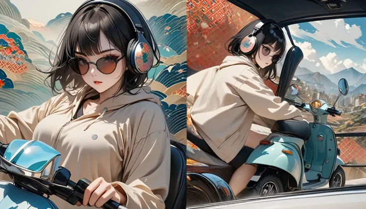 (((8K, Masterpiece, high resolution, highest quality, highest quality real texture skin))), ((wearing Japanese pattern headphones)), (((1 girl))), (((Driving a Vespa))), ((sunglasses)), (Japanese pattern hoodie, super mini shorts), (Black shiny hair, beige...