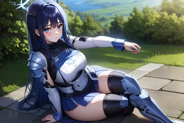 1girl,solo, saorijoumae, saori joumae, blue eyes, blue hair, halo, long hair, sitting, looking at viewer, adventurer clothes, light armor, horns, outdoors