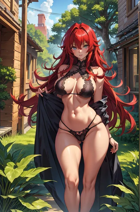 Rias Gremory is the main female protagonist of High School DxD; breasts, big red hair, defined legs, large chest and anatomically defined waist, alone, in the background a forest in summer, she has long hair, the sky is almost at sunset, CG wallpaper, 8k u...