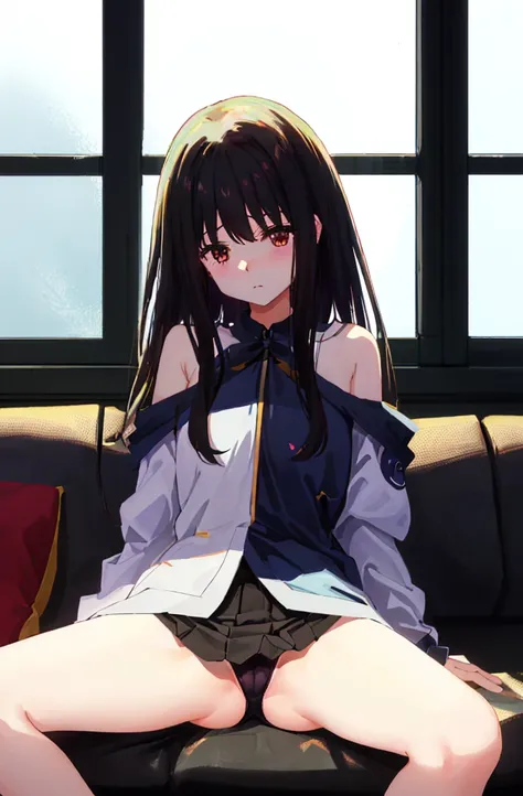 On the sofa、I can see her panties、M-shaped legs、M-shaped legs、M-shaped legs、Crouching、、I can see her panties、Blushing、Feeling embarrassed、Black Hair、Semi-long hair、