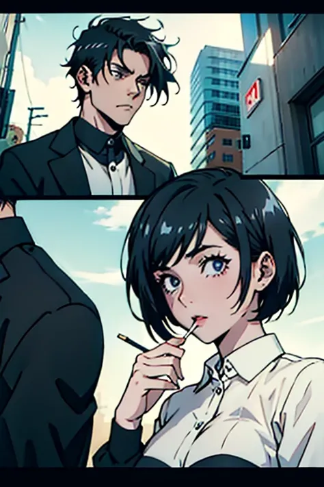  Guy with short black hair  and pale skin smoking while holding a girl with short hair, manga page with panels and dialogue    