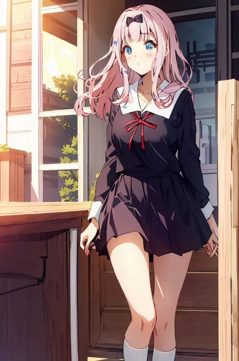 スカートをたくしあげる、パンティが見える、red eyes、、pink hair、blue eyes、pull up your skirt、high school girl、japanese 、classroom、blushing、embarrassed、...