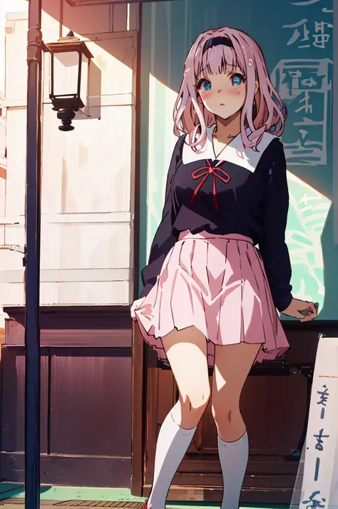 スカートをたくしあげる、パンティが見える、red eyes、、pink hair、blue eyes、pull up your skirt、high school girl、japanese 、classroom、blushing、embarrassed、...