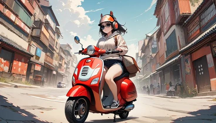 (((8K, Masterpiece, high resolution, highest quality, highest quality real texture skin))), ((wearing Japanese pattern headphones)), (((1 girl))), (((Driving a Vespa))), ((sunglasses)), (Japanese pattern hoodie, super mini shorts), (Black shiny hair, beige...