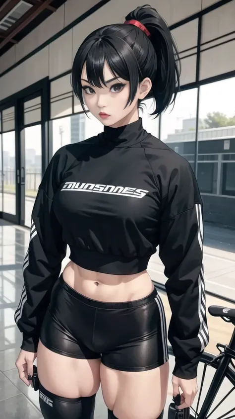 Boy, Asian, , adult, tattoo, lipstick, gothic, girl face, serious face, , black hair (ponytail with bangs), cap, muscular, cycling pants, long sleeve sweatshirt jacket, large thighs