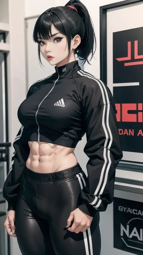 Boy, Asian, , adult, tattoo, lipstick, gothic, girl face, serious face, , black hair (ponytail with bangs), cap, muscular, cycling pants, long sleeve sweatshirt jacket, large thighs