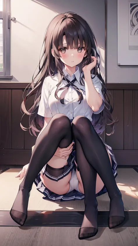 (8K、Best image quality、Highest quality、masterpiece)、One tall girl、((Full body))、Sit on the floor with your legs spread apart、White panties are visible、Long Hair、Wavy Hair、blush、Moderate bust、White collared shirt、Short sleeve、((Plaid pleated mini skirt))、Cl...