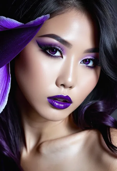 Sublime very sexy Asian woman, Detailed lips, detailed eyes, detailed eyelash, detailed face, sublime and detailed body, long cheveux violet, visage de séduction, ((violet make-up)), photo du milieu du corps, ((porter un costume)),(( Une cravate violette, ...