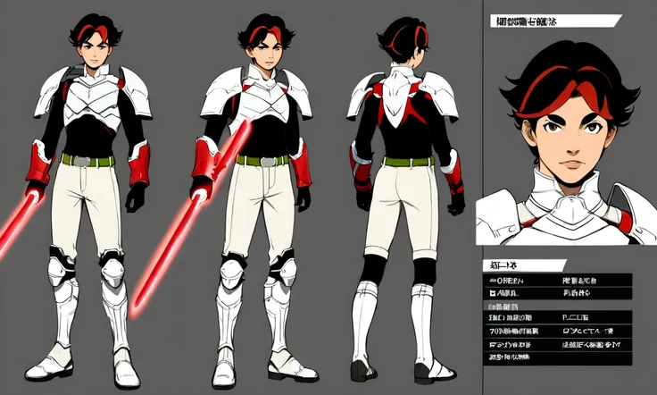 character sheet, full body, teenager, athletes body, short black hair, brown eyes, thick eyebrows, black shirt and pants, armor covering only the shoulder, green belt, white knee pads, white leather boots, energy sword, mask red steel covering the mouth an...