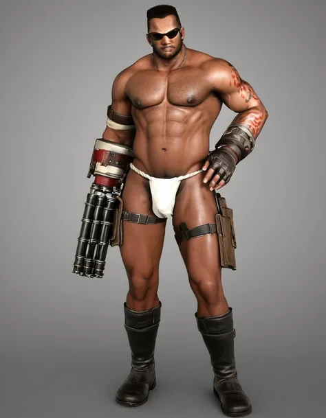 barret, dark skin male with gun arm and tattoo, sunglasses, shirtless , (( fundoshi )) , full body , black boots 