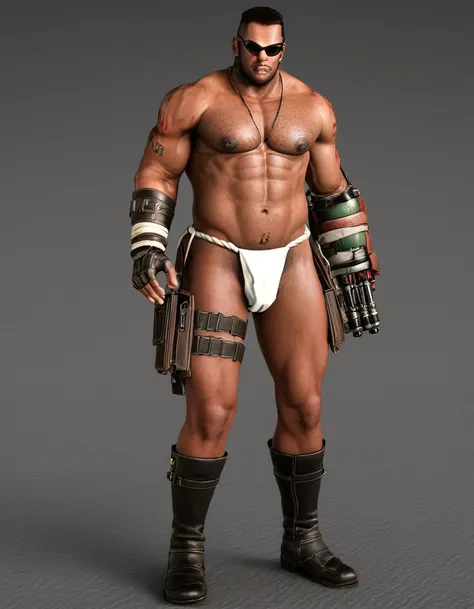 barret, dark skin male with gun arm and tattoo, sunglasses, shirtless , (( fundoshi )) , full body , black boots 