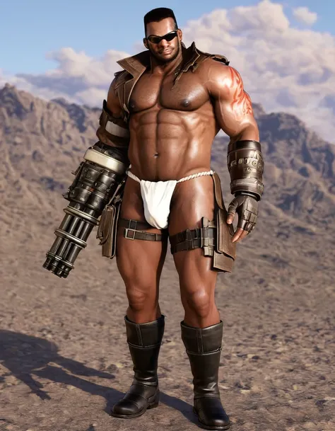 barret, dark skin male with gun arm and tattoo, sunglasses, shirtless , (( fundoshi )) , full body , black boots 