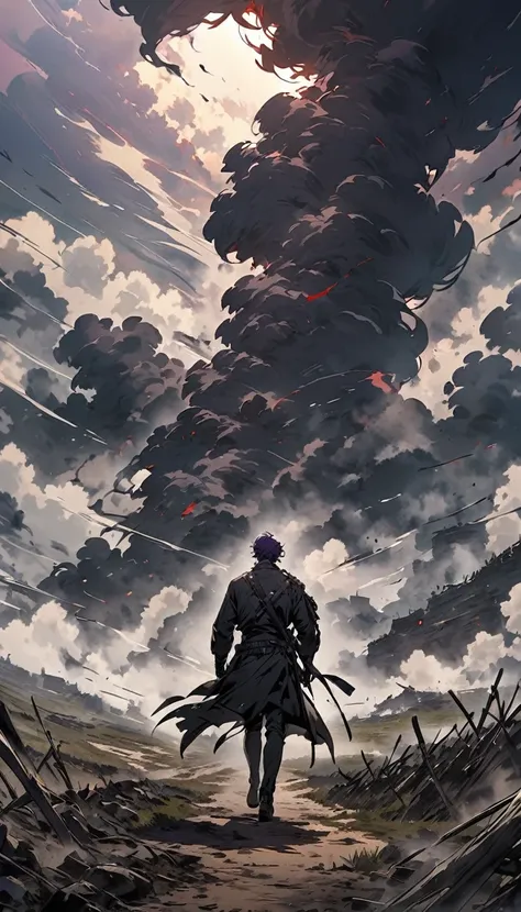 a human thats completely made up of black smoke, black smoke surrounding male, 1male, purple eyes, male is walking away from a battlefield