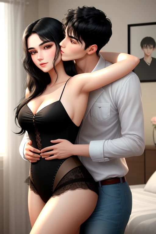 Man-woman-man- at bedroom, aggressive kissing kiss, staring intently to eyes. No one look at front. Man Hugging woman from back and kissing, Lovers. Hand on the waist. Hand on the neck. Hand on the face. 
20-year-old boy and 18-year-old girl. cute, sunny, ...