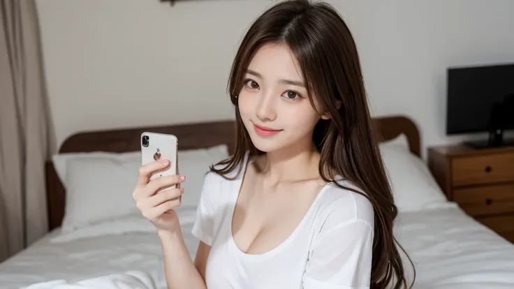 Highest quality、High resolution、8k wallpaper、Dense and beautiful eyedium hair、(Beautiful breasts:1.3)、Natural color lip、20-year-old woman、1 female、Brown Hair、Semi-long hair、smile、Wearing a white T-shirt、Wearing shorts、Living alone、Inside the house、Stylish ...