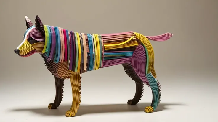 A detailed, abstract, ethereal sculpture of a [dog] made entirely of various colored gradient [sticks], aesthetically arranged to shape its features, creating a textured, vibrant, and intricate look against a simple, neutral background in an ultra-realisti...