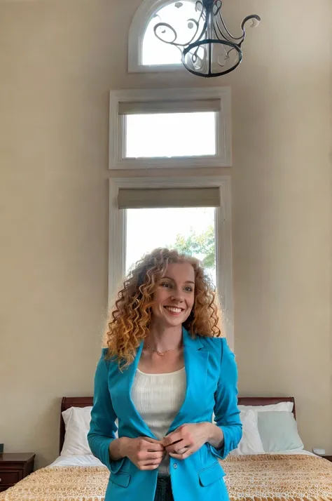 Subject and Attributes:

Main Subject: Woman with curly ginger hair
Additional Attributes: Looking directly at the camera with a subtle smile
Visual Characteristics:

Camera Angle/Shot Type: Close-up, focusing on the face and upper body
Lighting: Soft, ind...