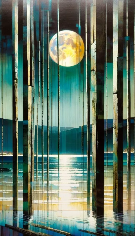 We see through eight wooden posts that cross the image laterally, a beautiful landscape with sea and moon (art inspired by Bill Sienkiewicz, intricate details, oil painting)
