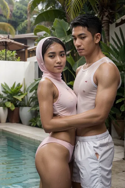 A young Indonesian couple, 25 years old, was relaxing and playing in the rain in the swimming pool behind the cafe. The man had a tattoo on his chest and white sports shorts. Dark brown skinned hijab woman, beautiful body, wearing a transparent pink swimsu...