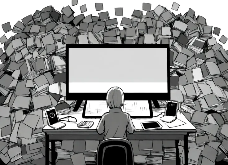 Left - No AI used: background: Grayscale color scheme for inactivity and dullness. prospect: People who appear to be stressed, Surrounded by sticky notes, paper, And a cluttered desk. There is a clock on the desk that shows the passage of time.. The person...