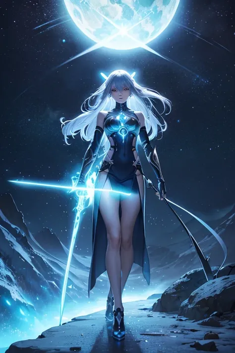 Niji mode.  Full body.  Ethereal sorcerer secret agent, elegant thin suit with fluid luminous white glowing magic circuits, celestial explorer emerging from a portal.  Holding a longsword with glowing magic writings and long handle, glowing tattoos, magic ...