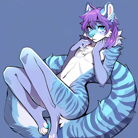 adult, feline, mammal, anthro, anthromorphic, snow, leopard, striped_feline, fur, furred_anthro, fluffy_tail femboy, male, bangs, ear_tufts, blue_nose, paws, hair_tuft, hair_between_eyes, long_tail, fluffy, feline_ears, expressive_eyes, purple_hair, light ...