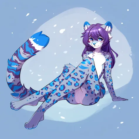 adult, feline, mammal, anthro, anthromorphic, snow, leopard, striped_feline, fur, furred_anthro, fluffy_tail femboy, male, bangs, ear_tufts, blue_nose, paws, hair_tuft, hair_between_eyes, long_tail, fluffy, feline_ears, expressive_eyes, purple_hair, light ...