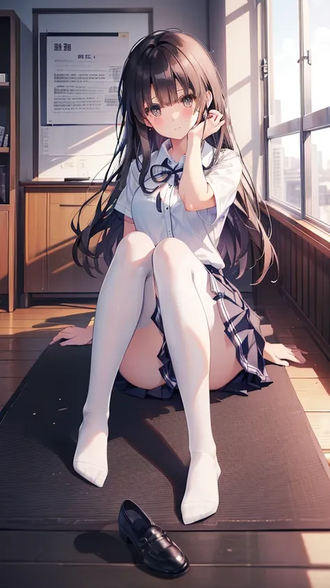 (8K、Best image quality、Highest quality、masterpiece)、One tall girl、((Full body))、Sit on the floor with your legs spread apart、White panties are visible、Long Hair、Wavy Hair、blush、Moderate bust、White collared shirt、Short sleeve、((Plaid pleated mini skirt))、Cl...