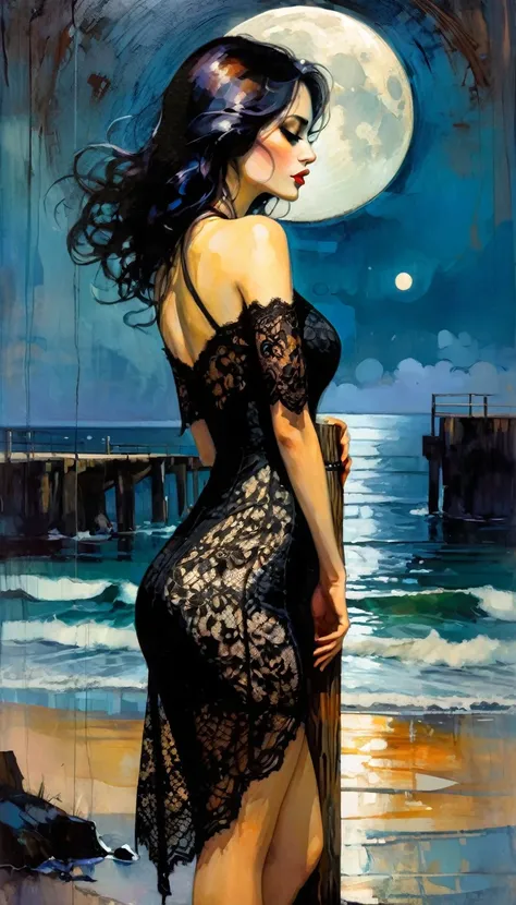 a dejected sexy woman, black lace dress, leans on a wooden post, beautiful landscape with sea and moon (art inspired by Bill Sienkiewicz, intricate details, oil painting)
