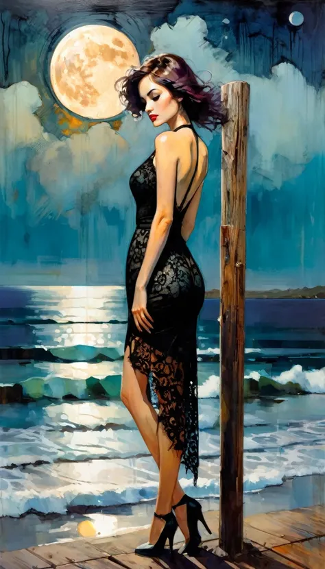 a dejected sexy woman, black lace dress, leans on a wooden post, beautiful landscape with sea and moon (art inspired by Bill Sienkiewicz, intricate details, oil painting)
