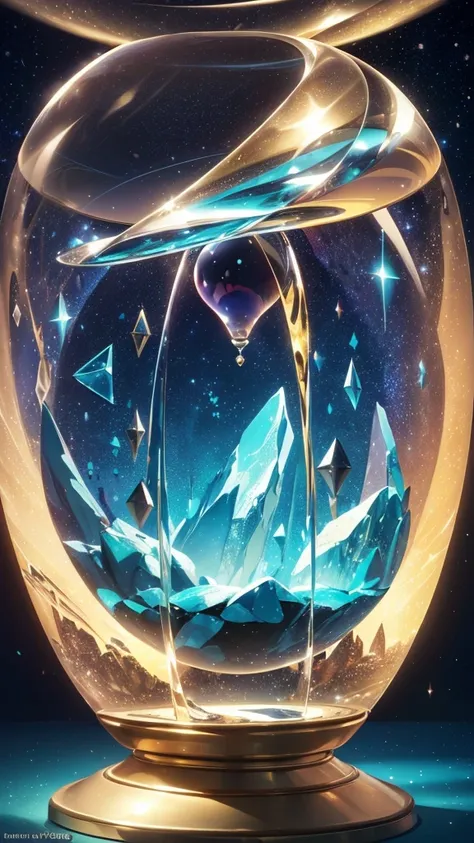 hourglass,time running out,amazonite crystals,stars,shine,magical world,(best quality,4k,8k,highres,masterpiece:1.2),ultra-detailed,(realistic,photorealistic,photo-realistic:1.37),disney drawing texture,landscape,vibrant colors,dramatic lighting