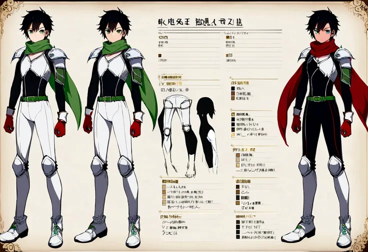 Character sheet, complete body, teenager, athletic body, short black hair, black clothes, white leather boots, white knee pads, white shoulder pads, light coffee eyes, green belt, red gloves, sword with thorn handle, red scarf covering the neck and mouth
