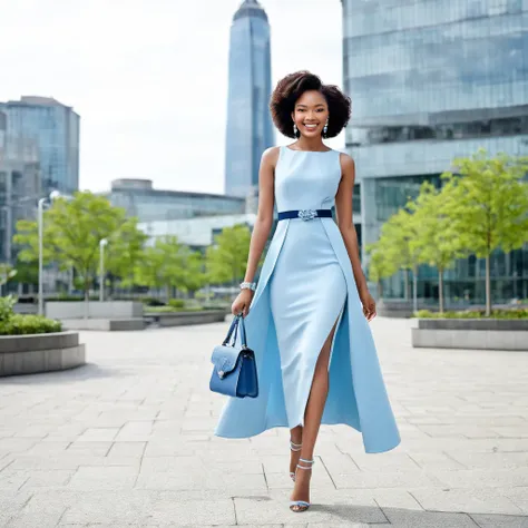 A photo of a woman in a designer summer dress. The dress should have an avant-garde design, be pale blue, loose, dark blue trim and suitable for daytime office commuting, so not too ostentatious. The setting should be a fashionable urban environment, with ...