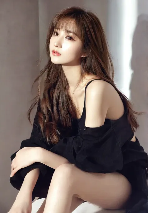 woman,moyou, alone, Sitting, View your viewers,  Tank top, Brown Hair, pants,  Jacket, Holding, lips, indoor, Brown eyes, Off the shoulder, Long Hair, black Tank top, 美しい中国人woman, She has exquisite facial features and delicate skin, Rich and realistic skin...