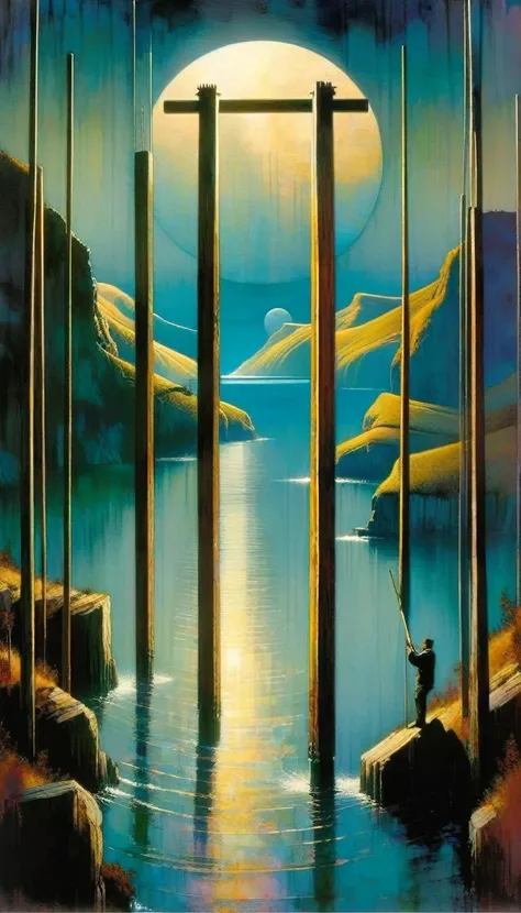 a man overexerts himself by lifting 10 wooden poles that are placed in a V shape, a beautiful landscape with sea and moon (art inspired by Bill Sienkiewicz, intricate details, oil painting)
