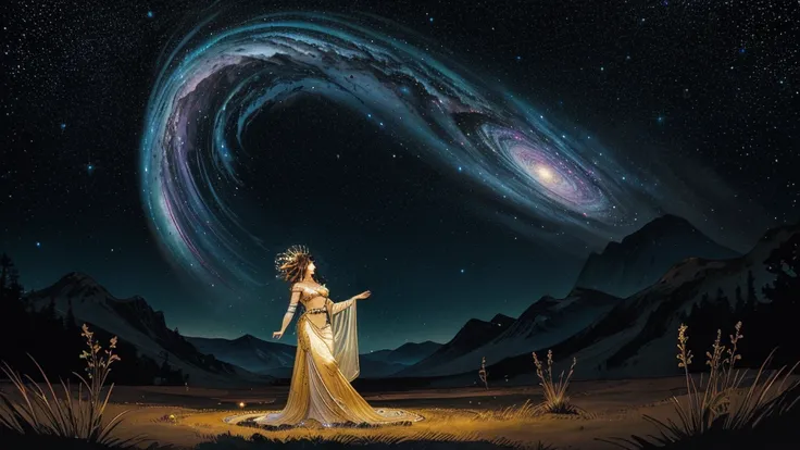 In a realm where stardust dances and nebulae swirl, the radiant goddess Grace reigns supreme, her sensuous form aglow with celestial light that outshines the brilliance of a thousand suns.
Graces divine visage is framed by tresses of flowing cosmic waves, ...