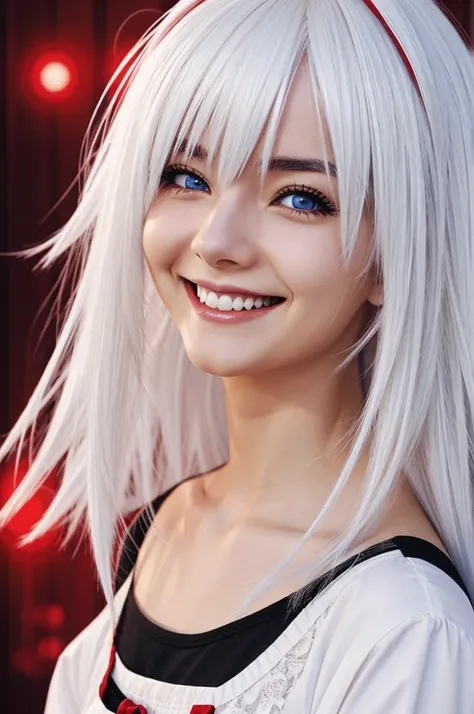 anime girl white hair red eyes, smiling