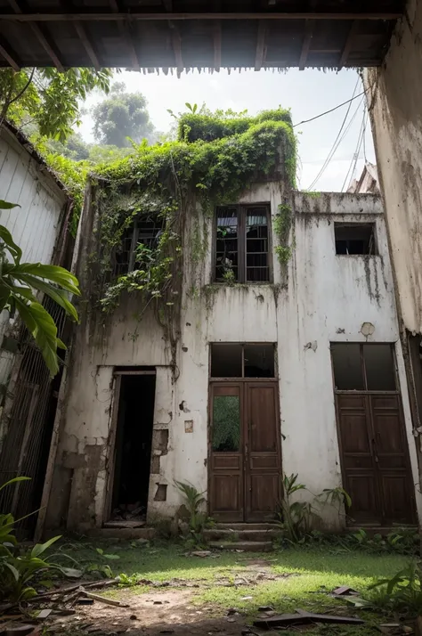 Description: An abandoned house in an old neighborhood of São Paulo, covered in vegetation and with broken windows. The atmosphere is dark and oppressive.
elements: House facade with half-open doors, evening environment, shadows on the windows.