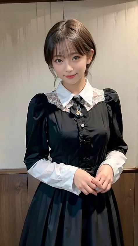 1 Nogizaka Musume、very cute、beautiful girl、19 years old、(gothic  fashion)、beautiful face, Exquisite details of eyes and skin、fine black shiny hair、Classy ruffles、frilled tie、ribbon tie、rose hair accessories、(smile at the camera)、(cowboy shot)、(sea of europ...