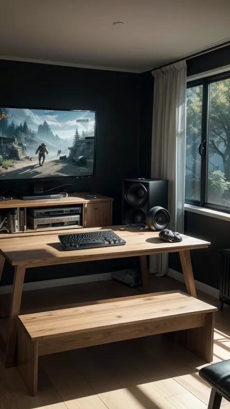 4K, ray tracing, cinematic, work of art, best qualityer, create a room with gamer decor, and a gaming computer on the table