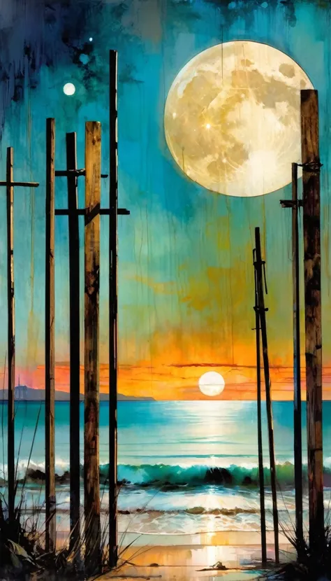 We see through eight wooden posts that cross the image laterally, a beautiful landscape with sea and moon (art inspired by Bill Sienkiewicz, intricate details, oil painting)
