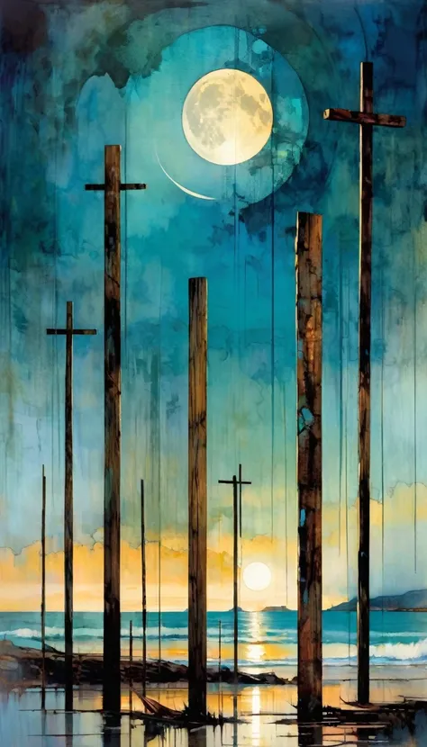 We see through eight wooden posts that cross the image laterally, a beautiful landscape with sea and moon (art inspired by Bill Sienkiewicz, intricate details, oil painting)
