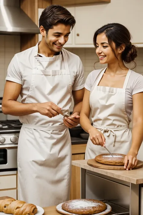 A pastry woman who is light brown who is baking something, Make him look very happy and it shows that he enjoys what he does. 