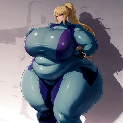 Masterpiece, high resolution, best quality,samus,blond hair, blue eyes,realistic, solo, flirty, seductive, sexy,thick thighs, incredibly thick thighs, fat, ass, huge ass, wide hips, incredibly wide hips, skinny, standing, 1girl, long hair, ponytail, bangs,...