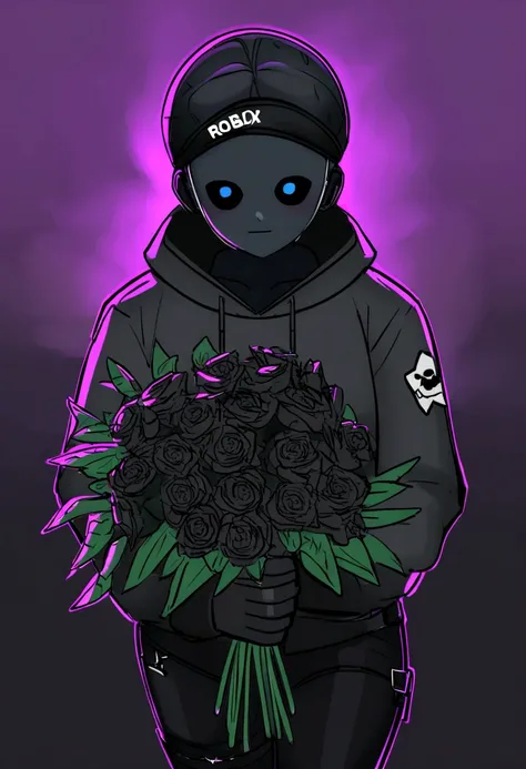 a close up of a person holding a bunch of flowers, roblox avatar, black roses, black rose, carrying flowers, by :5 sexy: 7, with flowers, holding flowers, roblox, 8 k highly detailed ❤🔥 🔥 💀 🤖 🚀, pitchblack skin, roblox screenshot, floralpunk, wearing a hoo...