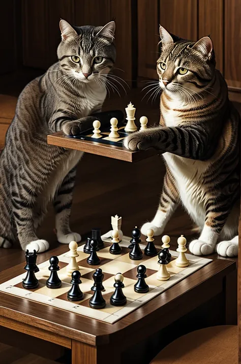 Cats playing with chess pieces 