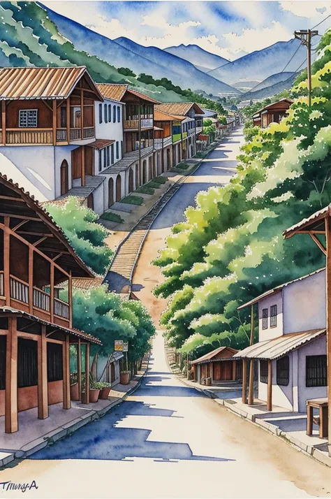 Watercolor drawing of the city of Tingo María with a tulumayo 